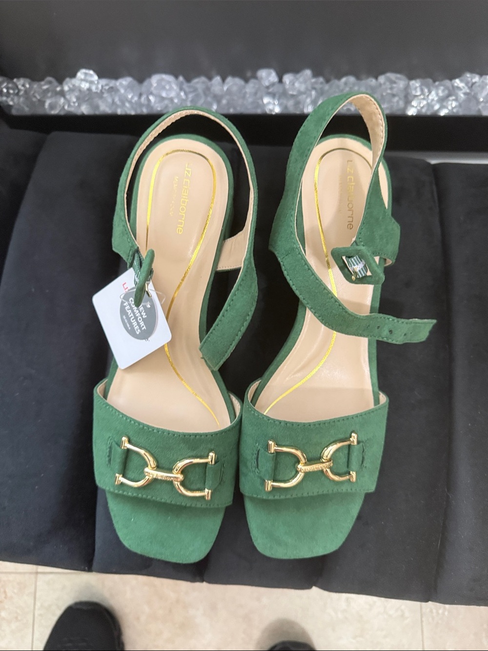 Liz Claiborne Green Suede Block Heel Slingback Sandals with Gold Hardware